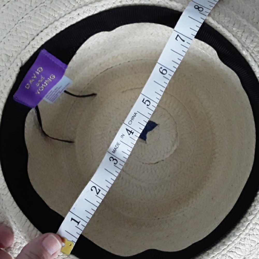 NWT DAVID and YOUNG Floppy Wide Brim w/fringe Hat, Blue/cream - Picture 9 of 11